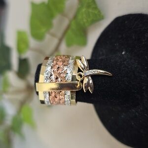 Tricolor Gold Filled 7 Ring Stack with Dragonfly Charm and CZ Stones Size 7